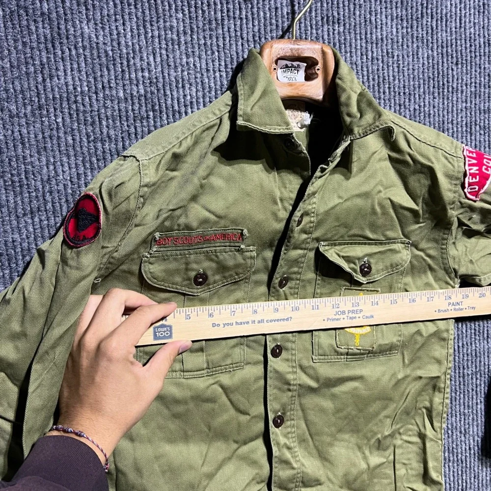 Vintage Boy Scouts of America Shirt Youth M Green Denver Council Patch Uniform